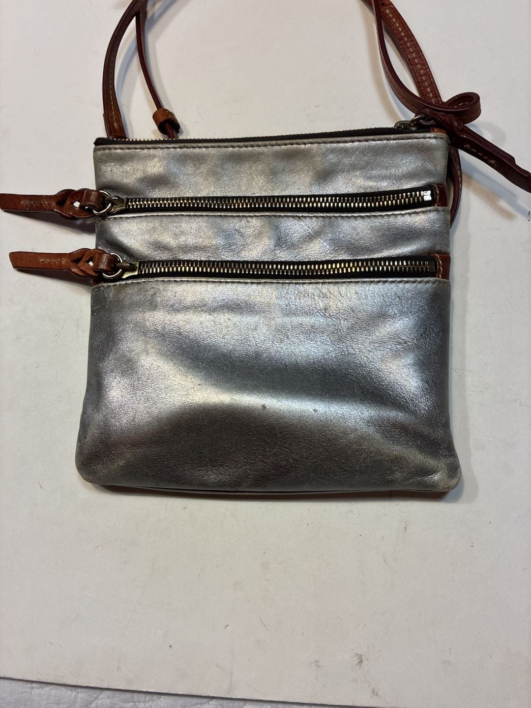 Dooney  Bourke Metallic Silver Leather Triple Zip Crossbody Bag